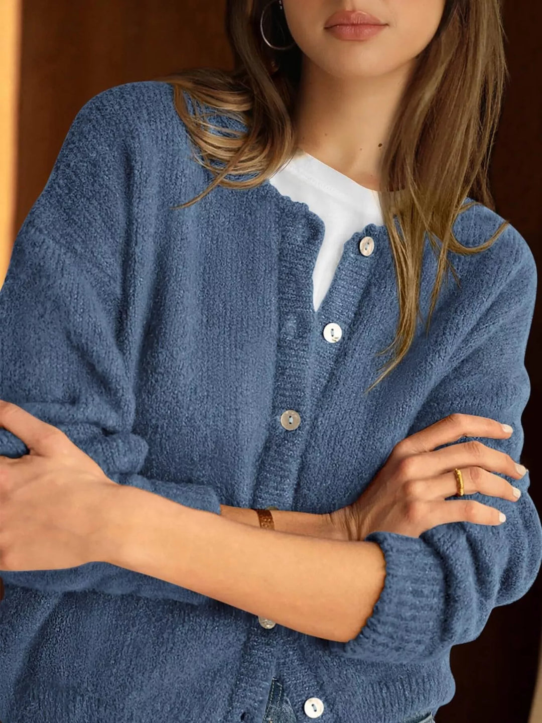 Button-front dropped shoulder knit cardigan
