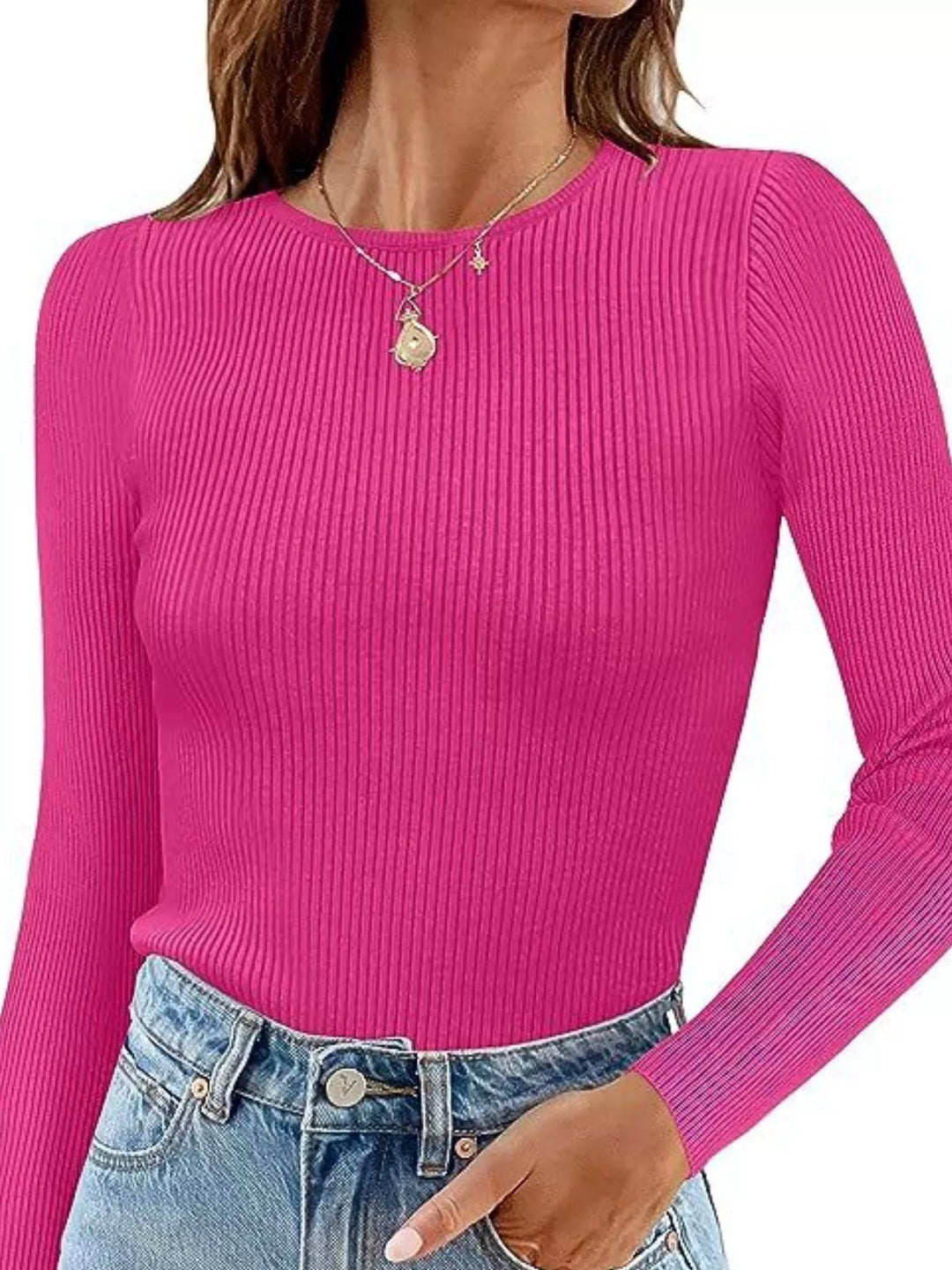Ribbed knit slim-fit long sleeve crew top