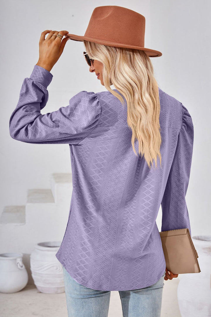 Textured knit split-neck puff sleeve blouse