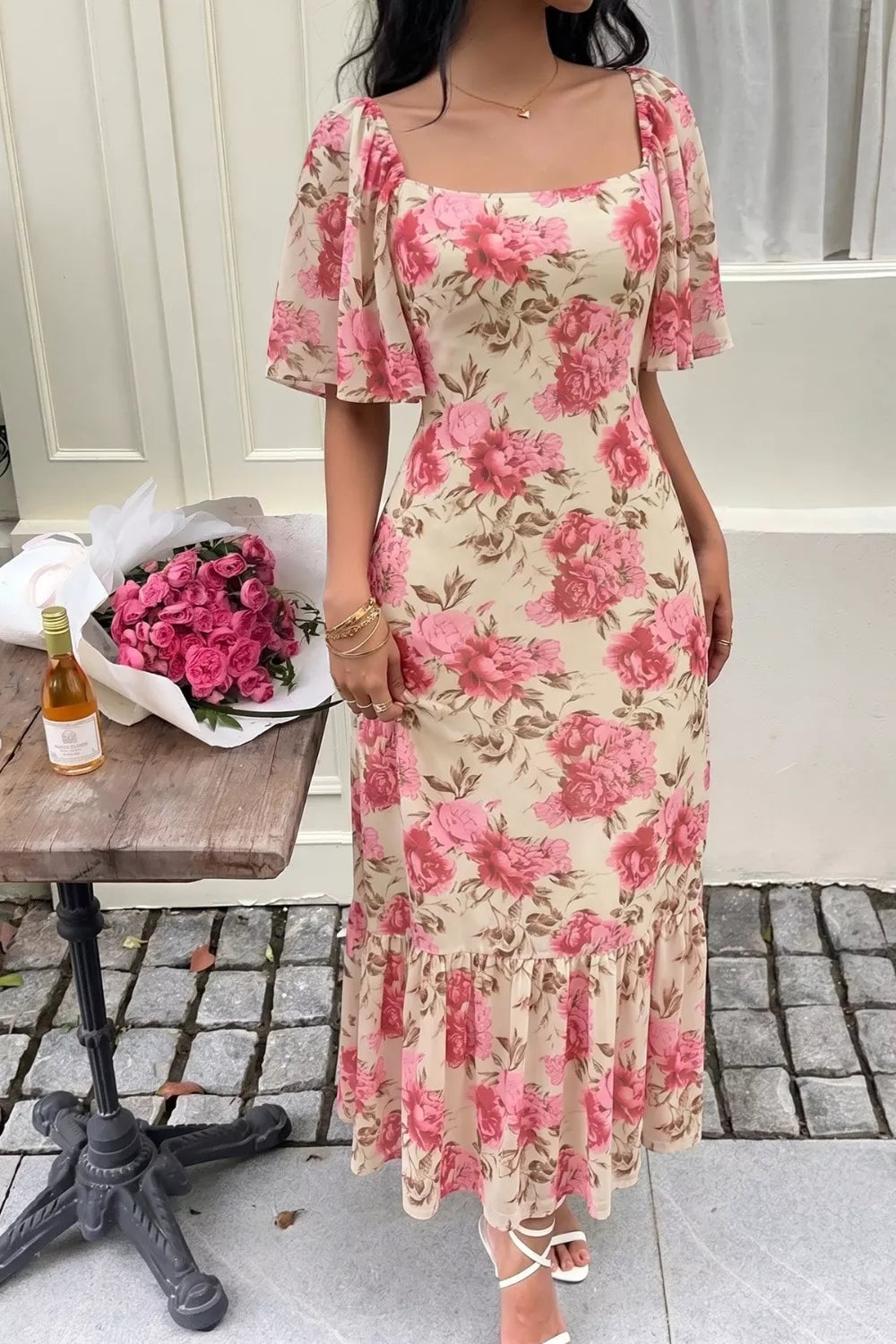 Floral Floral print flutter sleeve square neck midi dress