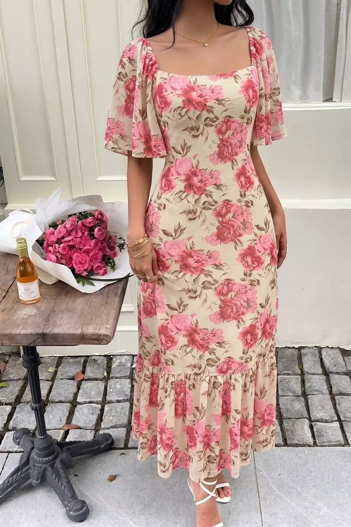 Floral Floral print flutter sleeve square neck midi dress