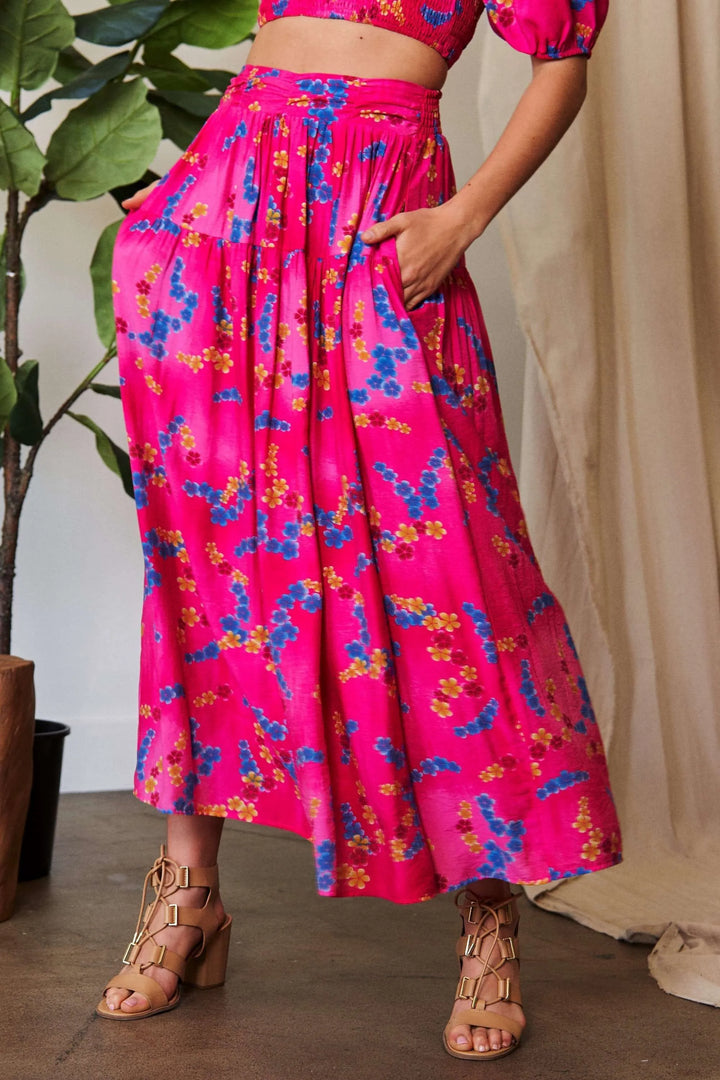 CANDY PINK Floral smocked waistband ruffled maxi skirt with pockets