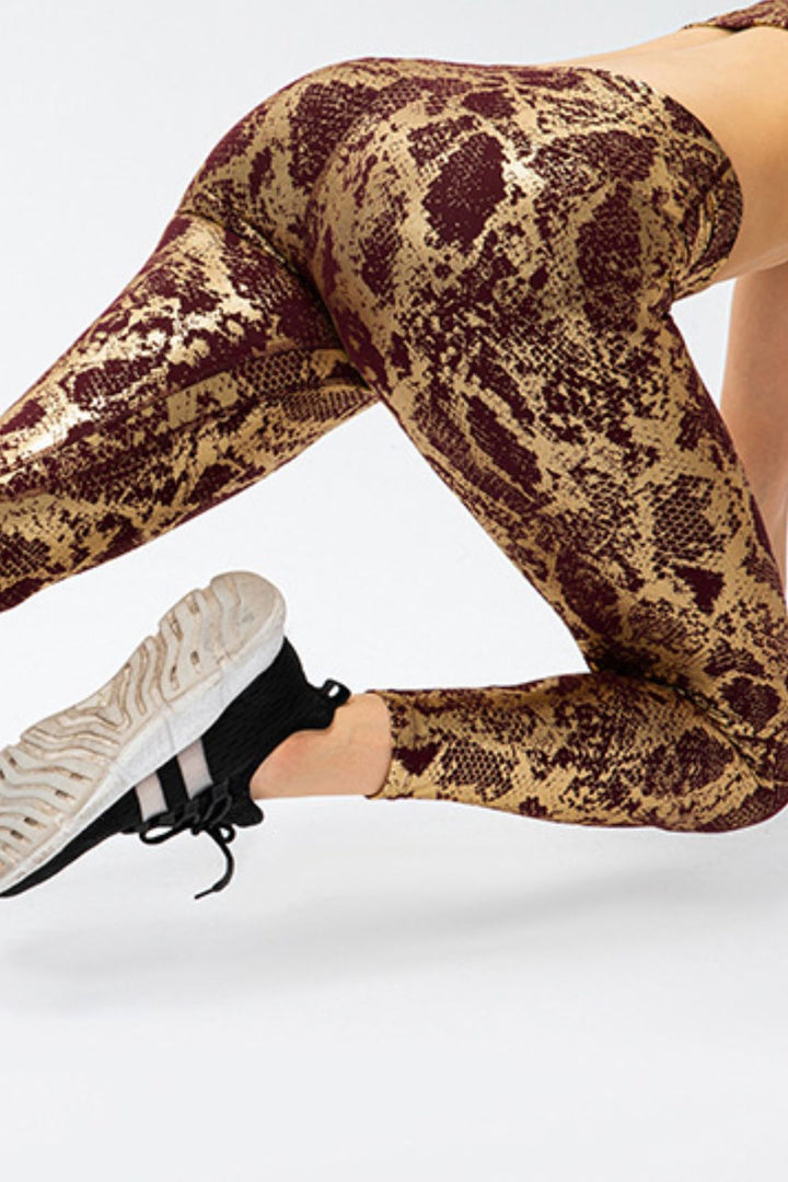 Metallic snakeskin print wide waistband workout leggings
