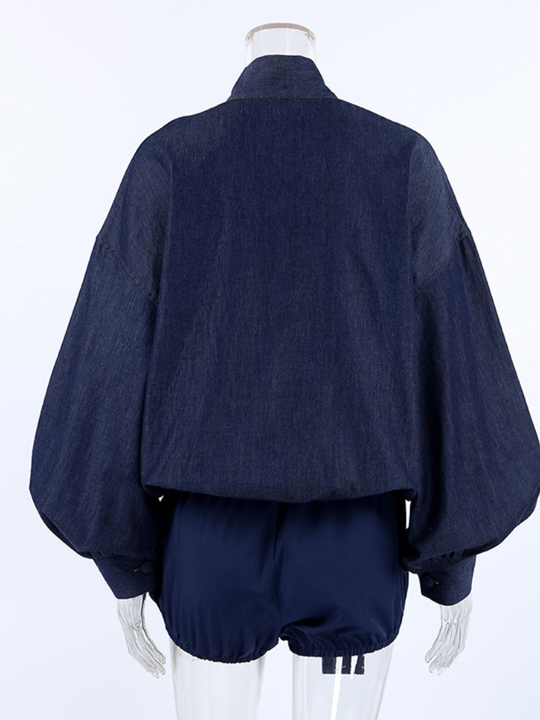 Oversized tie-front denim balloon-sleeve top and shorts set