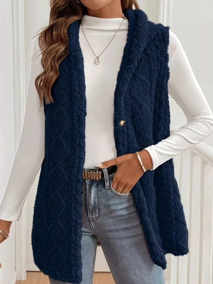 Dark Blue Textured sherpa hooded vest with button front