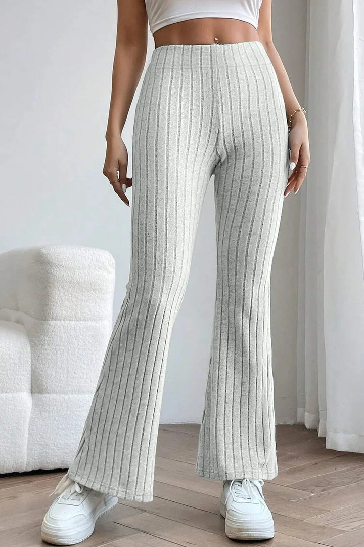 Light Gray Ribbed knit high-waist flare pants with pull-on waist