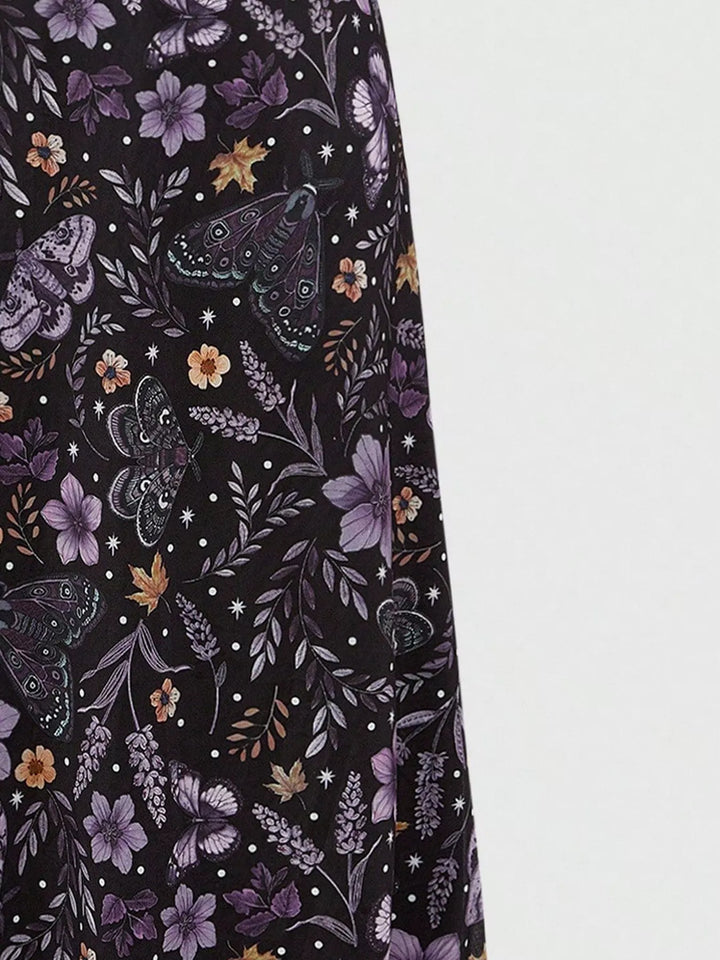 Botanical floral butterfly print midi skirt