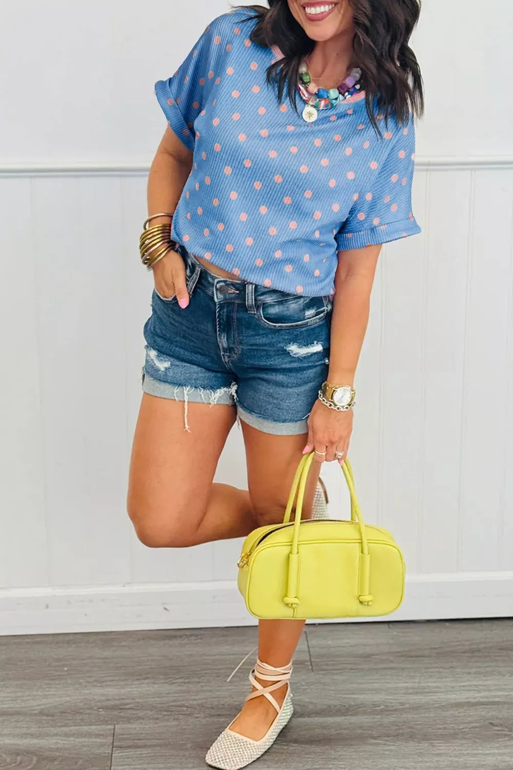 Polka dot ribbed knit short sleeve V-neck tee