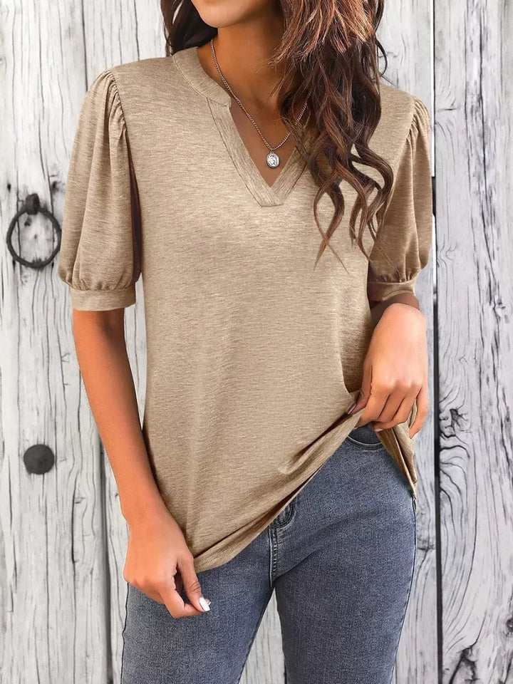 Khaki Short puff sleeve notched V-neck casual tee