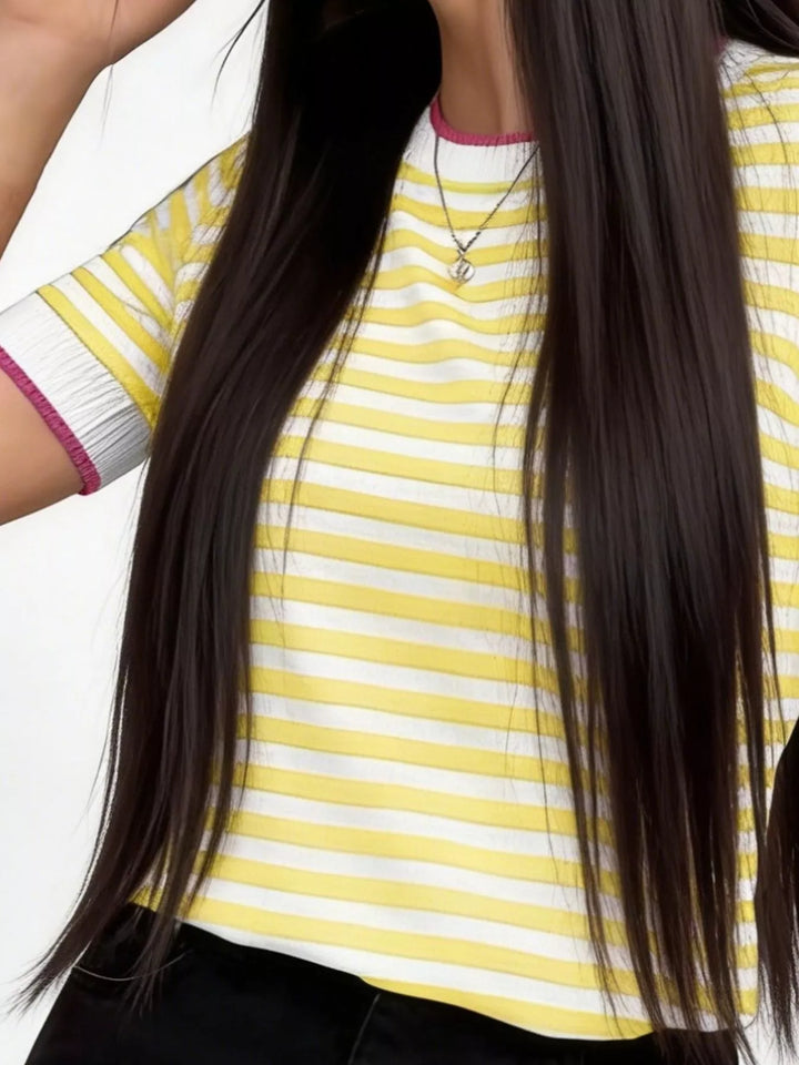 Striped short sleeve knit top with contrast ribbed trim