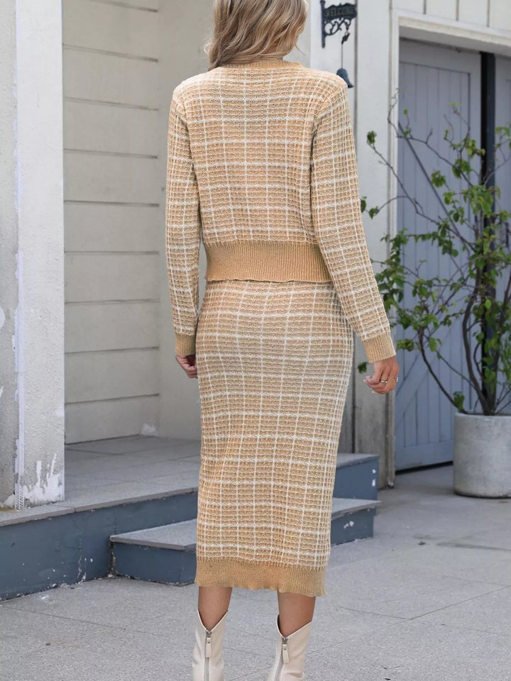 Pearl button plaid knit cardigan and midi skirt set