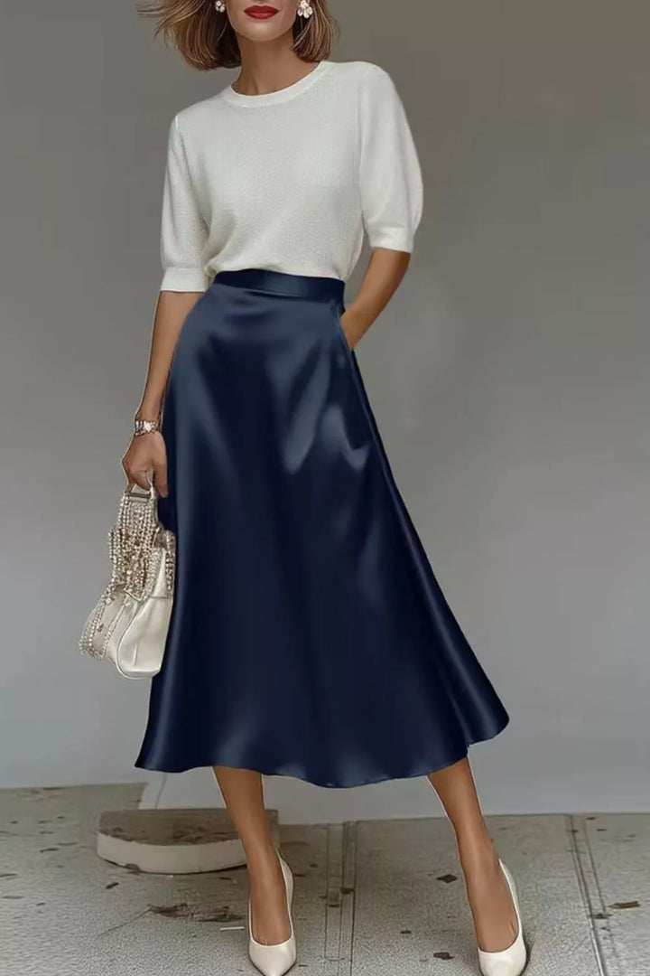 Navy High-waist satin A-line midi skirt with pockets