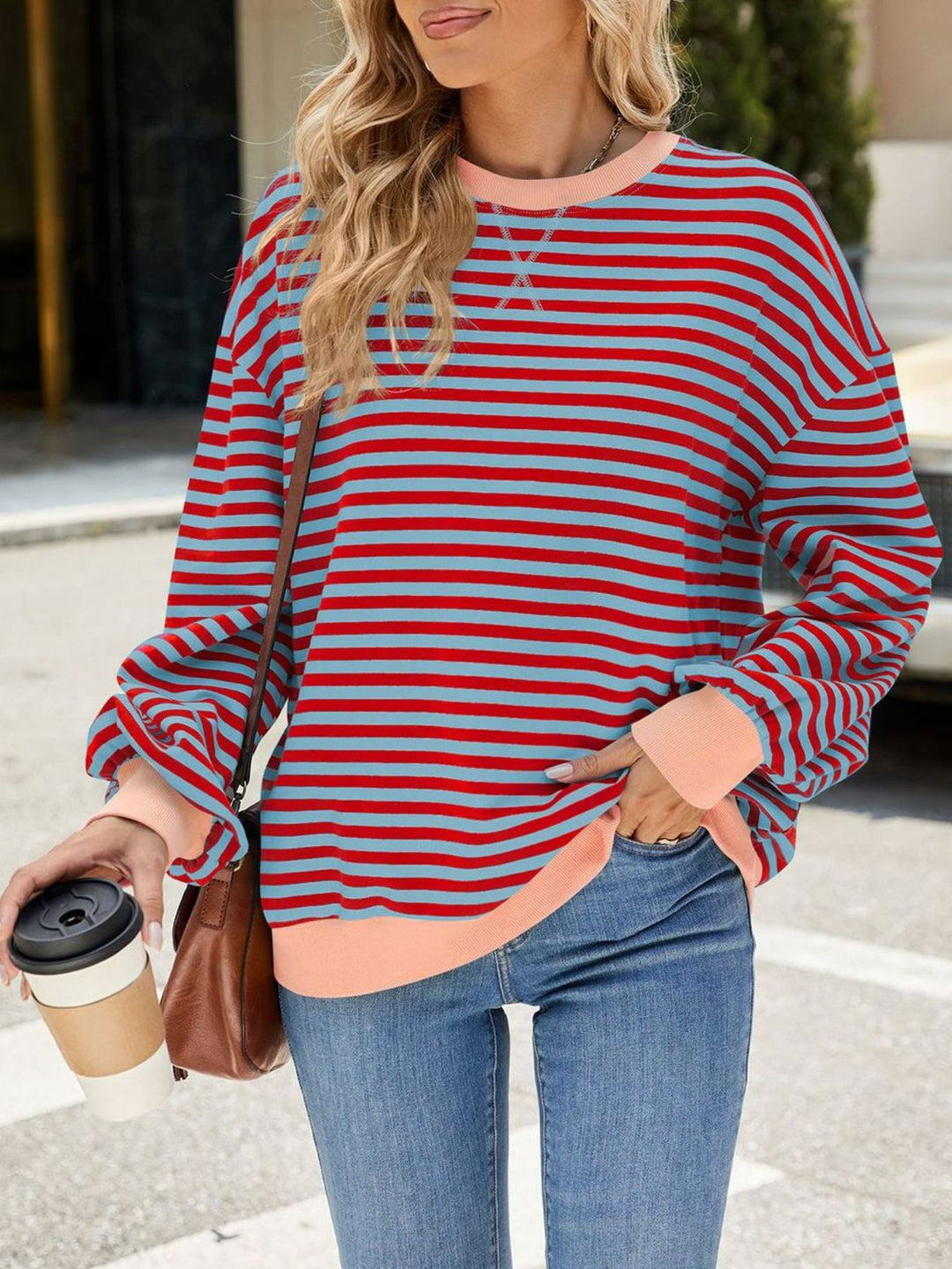 Striped crew neck sweatshirt with contrast ribbed trim