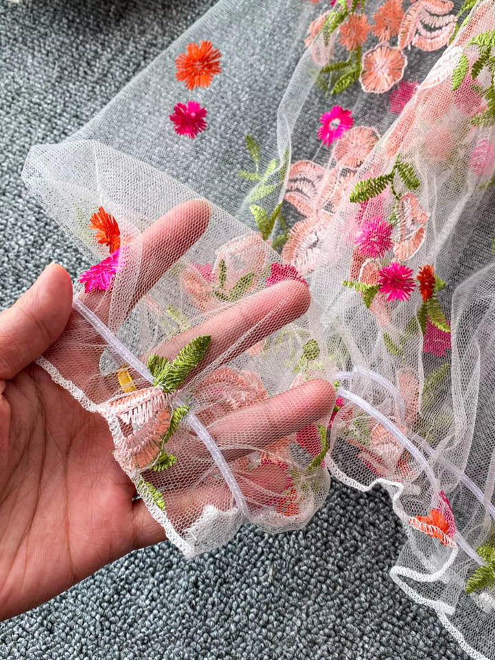 Floral embroidered off-shoulder mesh crop top with puff sleeves