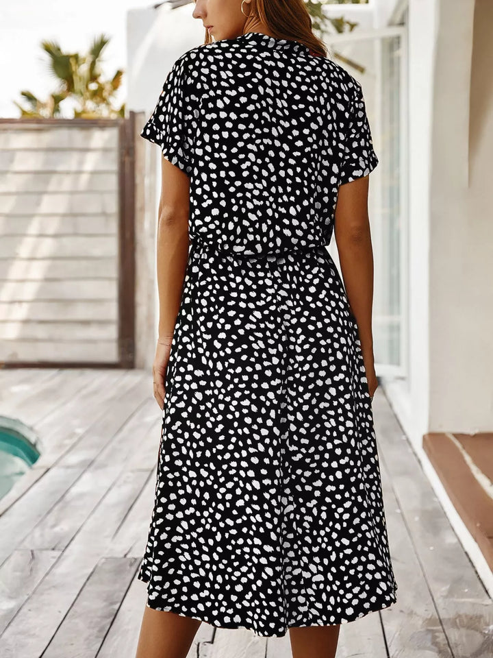 Animal print short sleeve midi shirt dress with tie waist