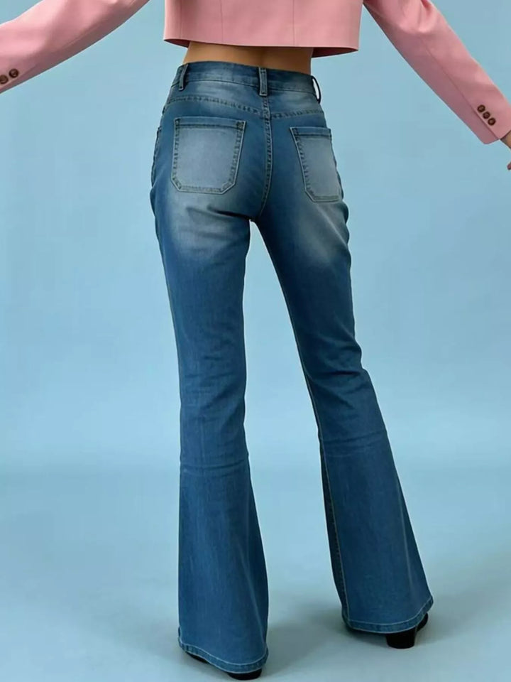 High-waisted button-fly flare jeans with patch pockets