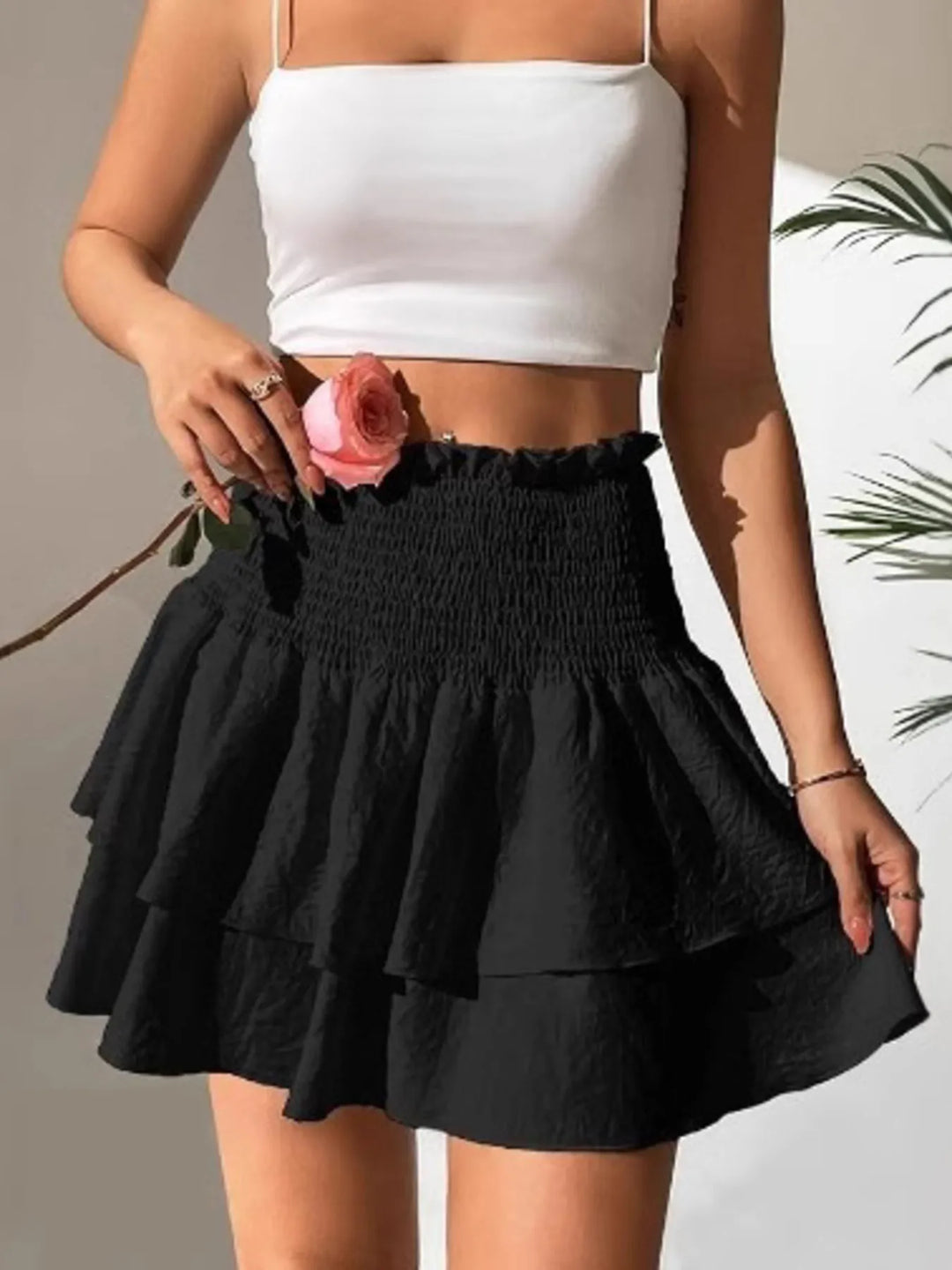 High-waist smocked tiered ruffle mini skirt
