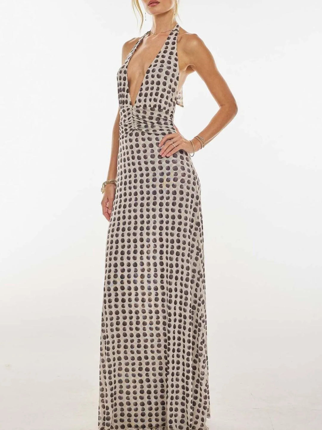 Backless floral halter deep V maxi dress with ruched waist