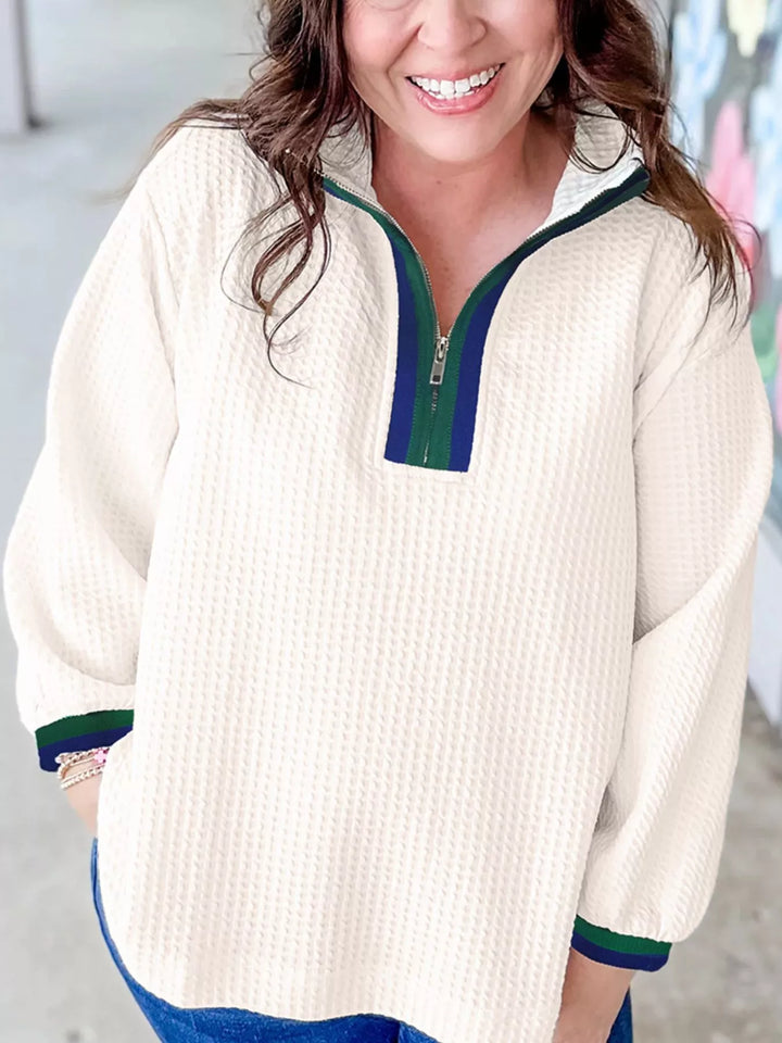 White Waffle knit half-zip pullover with contrast collar trim