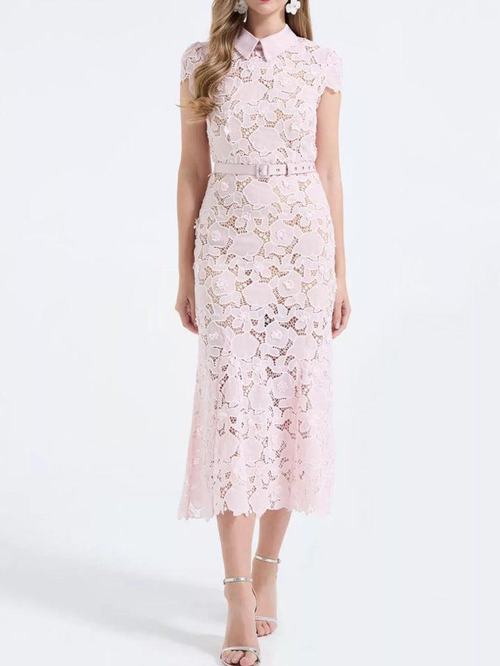 Floral lace midi dress with collar and belted waist