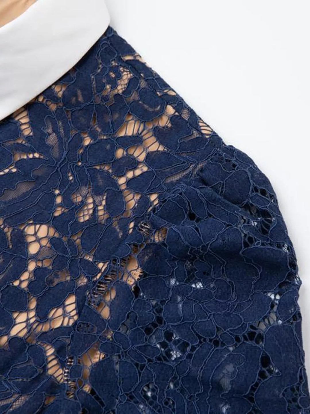 Belted floral lace midi shirt dress with contrast collar