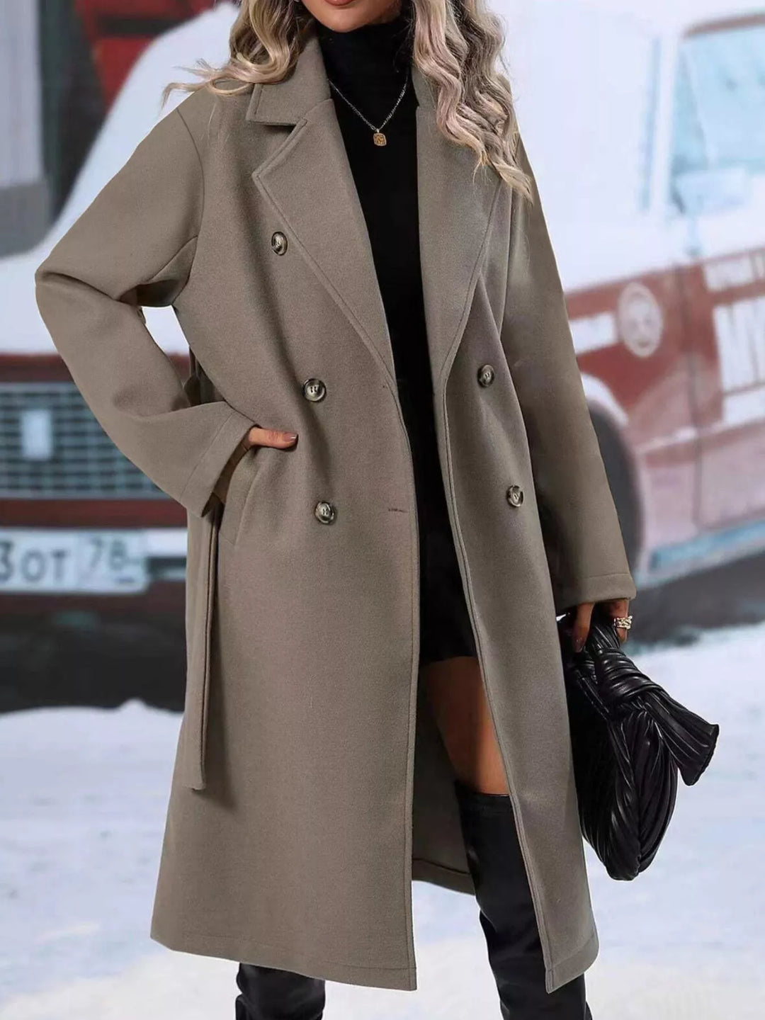 Double-breasted tie-waist long coat with notch lapels