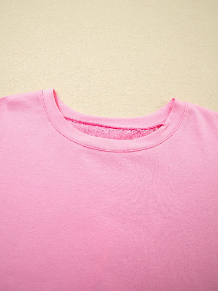 Oversized tee with floral lace back and sleeve trim