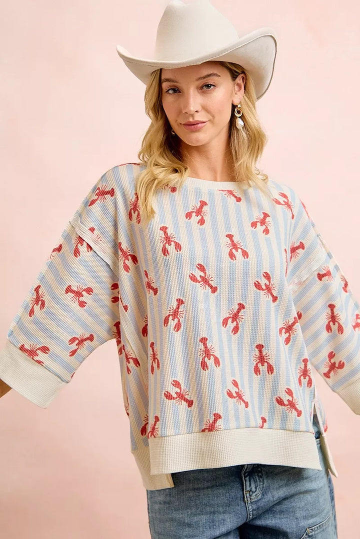 Striped lobster print waffle knit boat neck top