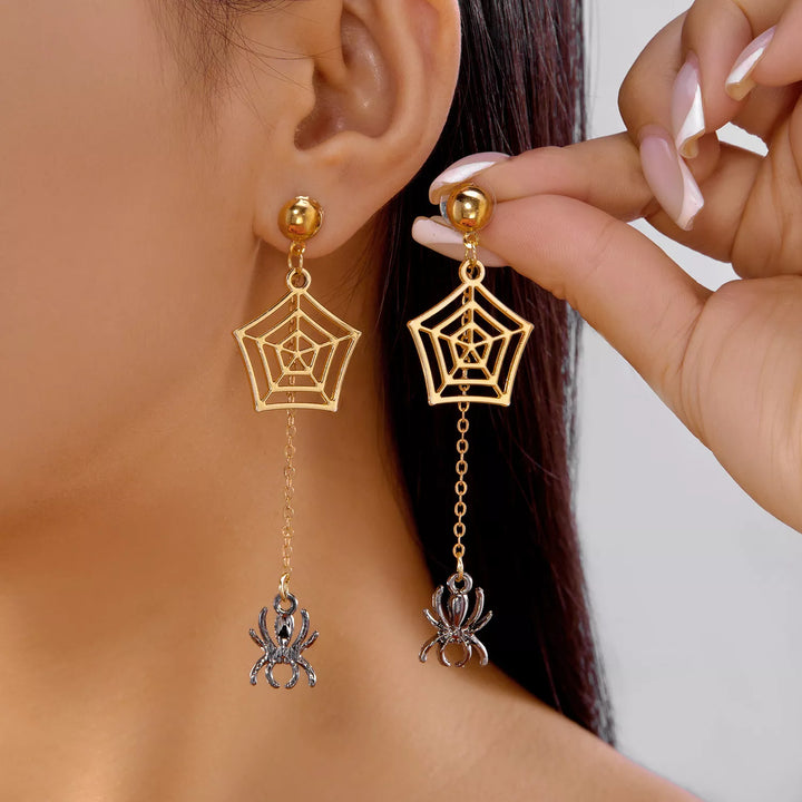 Gold Spider web chain drop earrings with 18K gold plating