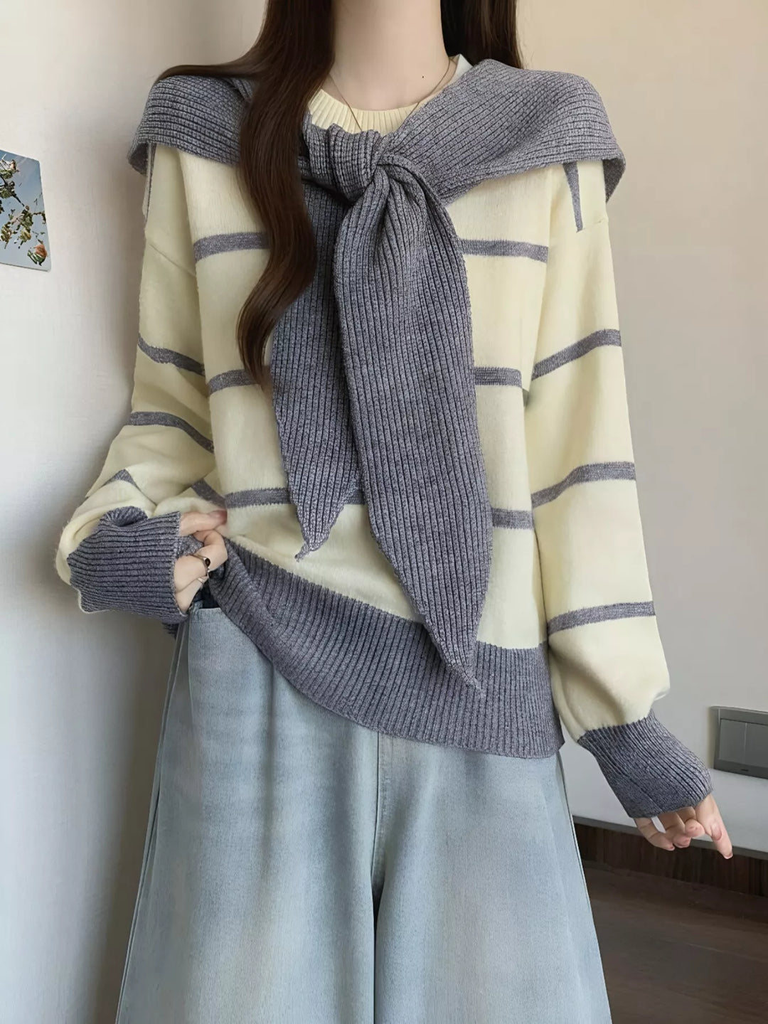 Beige Striped tie-front round neck sweater with long sleeves