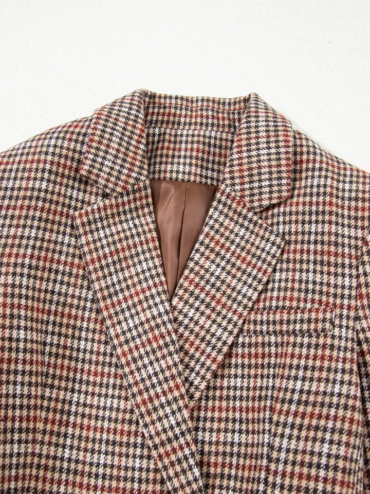 Houndstooth notched lapel longline blazer with buttons