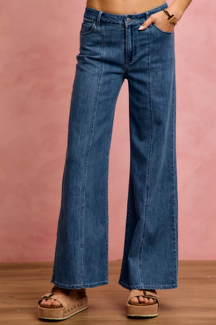 Mid-rise wide-leg jeans with front center seam