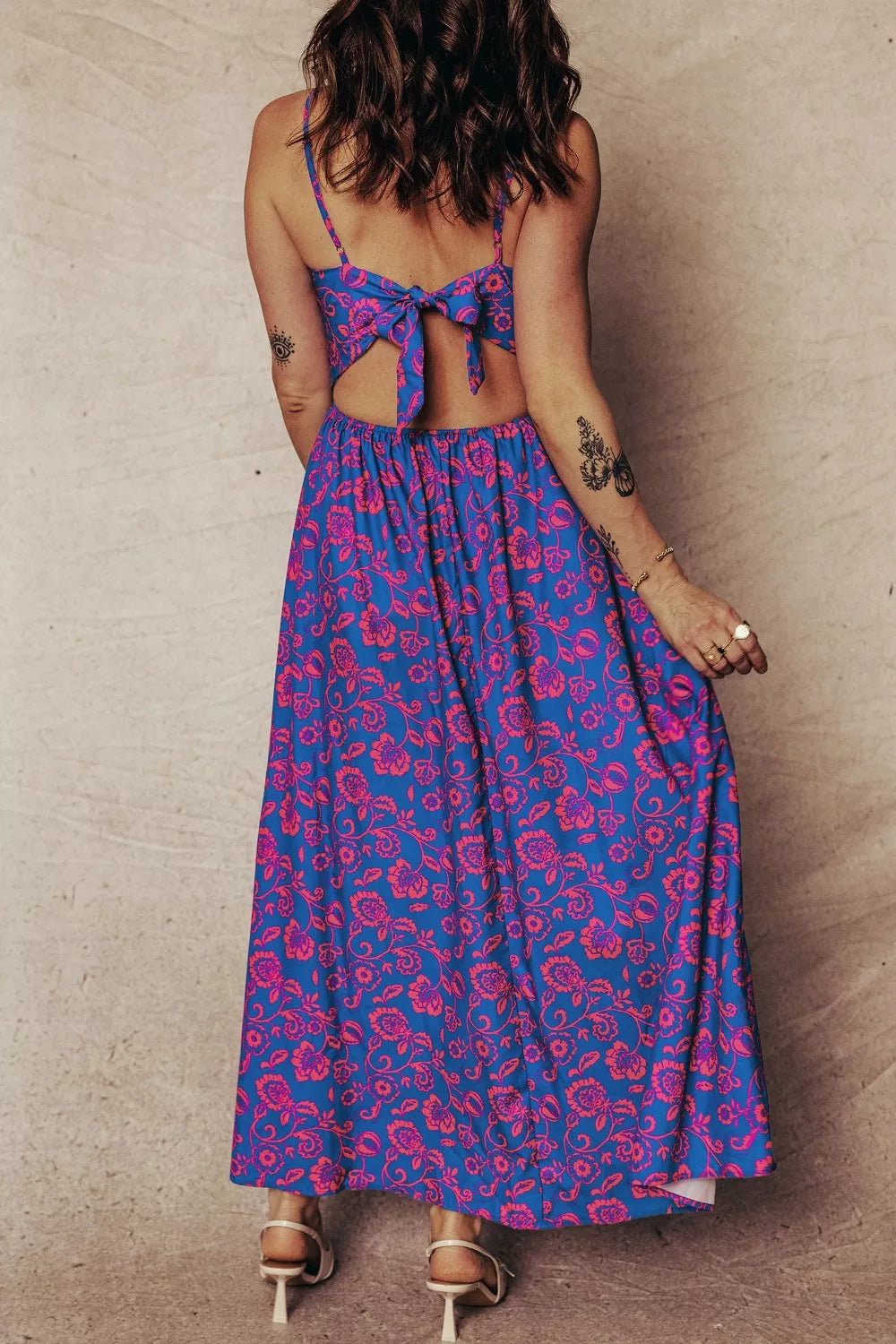 Floral print twisted V-neck cutout backless maxi dress