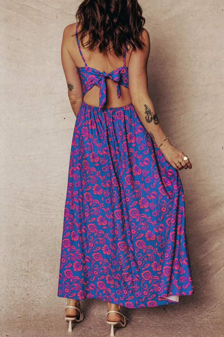 Floral print twisted V-neck cutout backless maxi dress