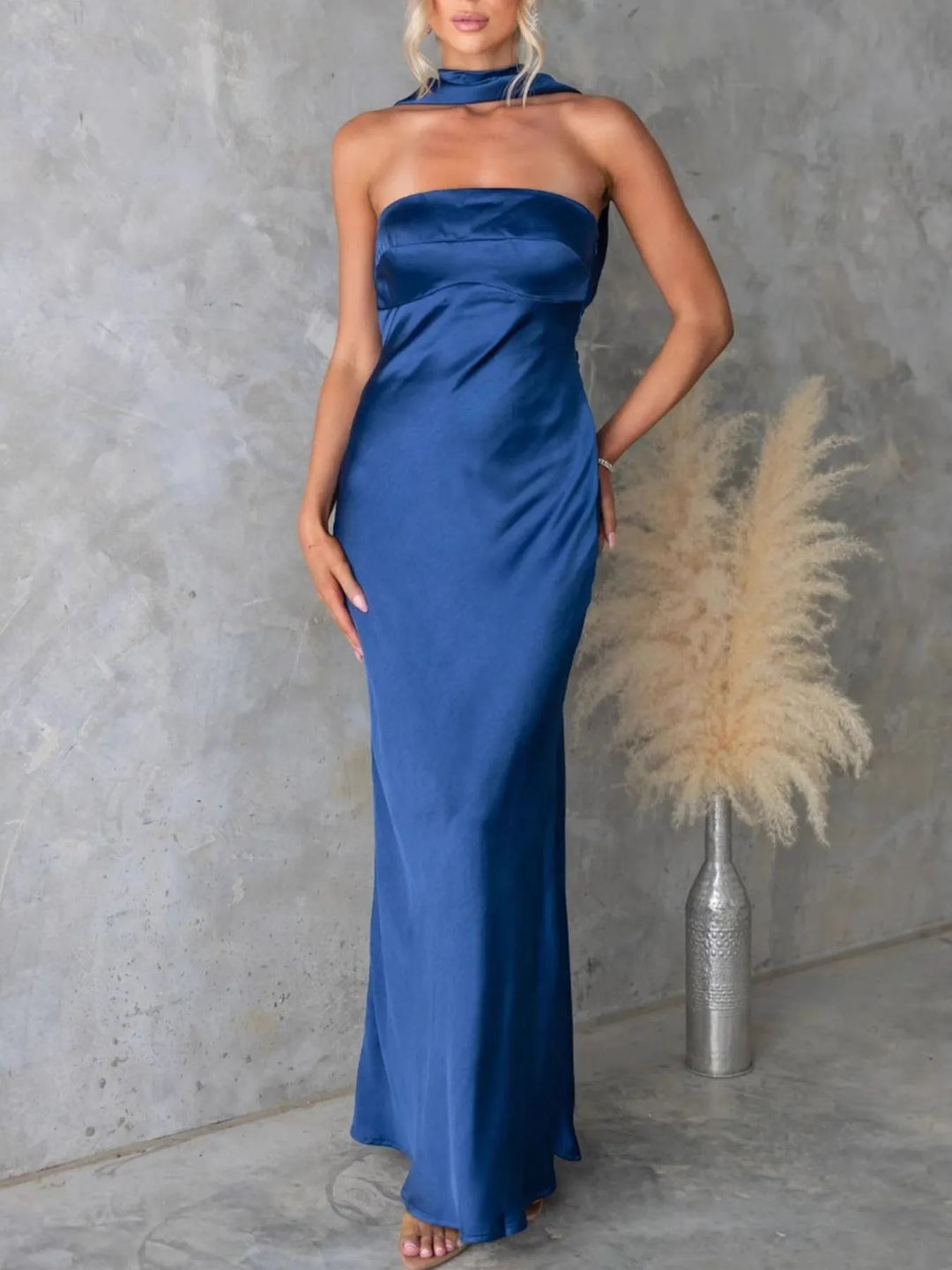 Strapless satin maxi dress with neck scarf tie