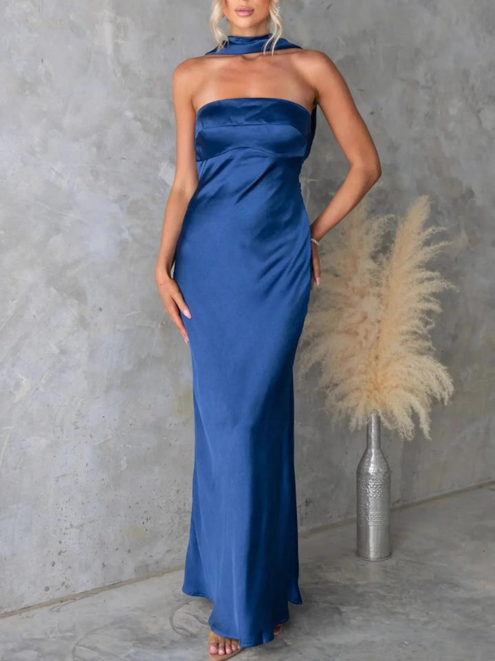 Strapless satin maxi dress with neck scarf tie