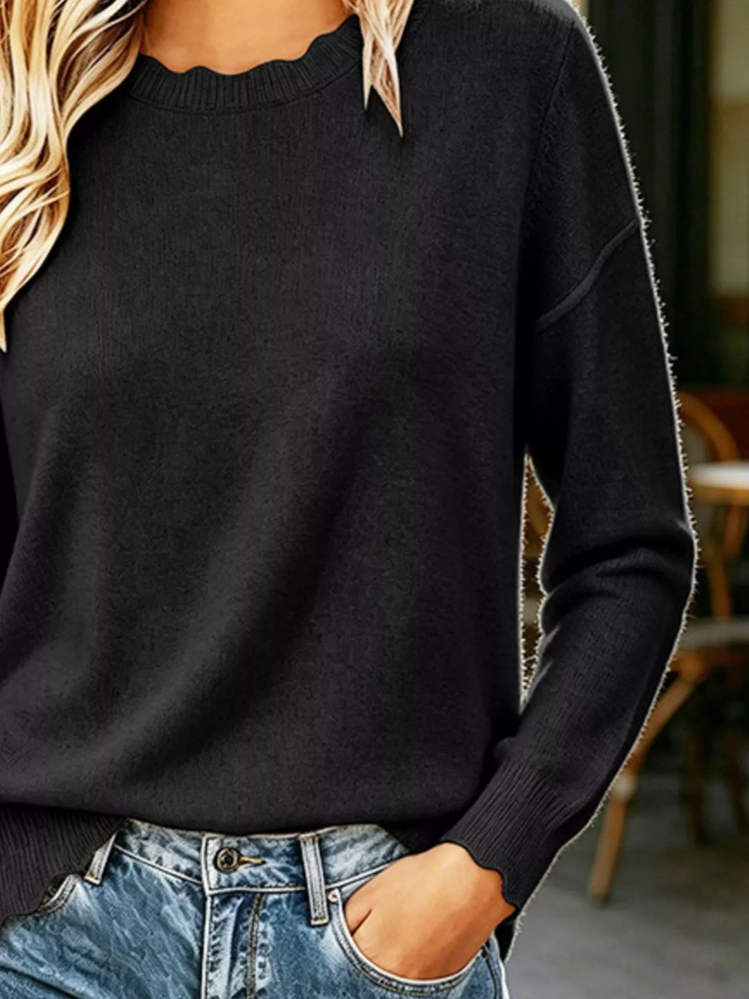 Black Scalloped trim crew neck pullover sweater