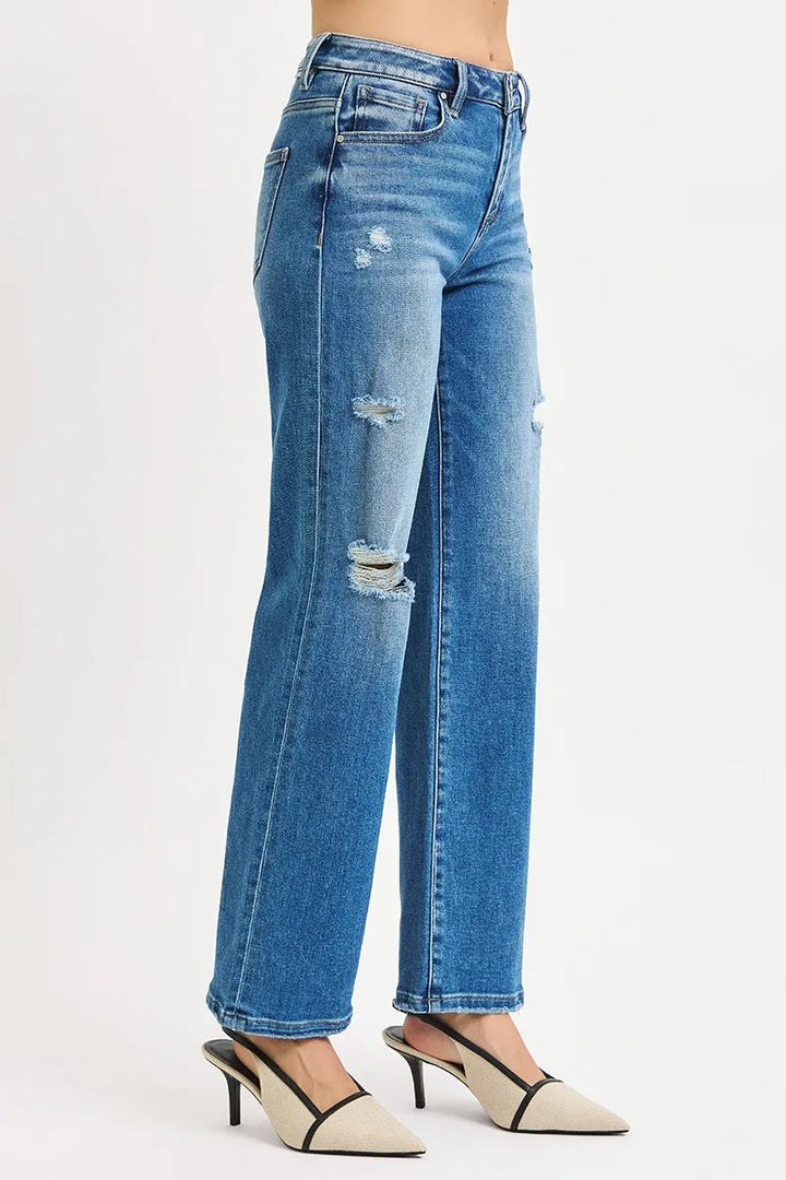 Distressed high-rise straight-leg ankle jeans