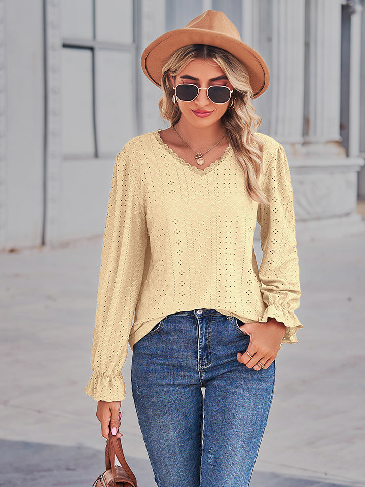 Eyelet openwork V-neck blouse with flounce sleeves