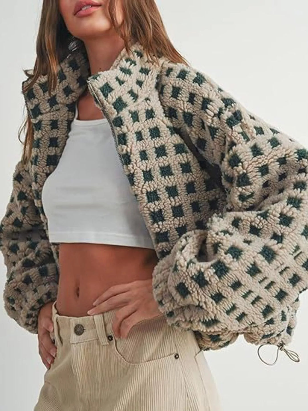 Army Green Plaid sherpa zip-up jacket with stand collar and drawstring hem