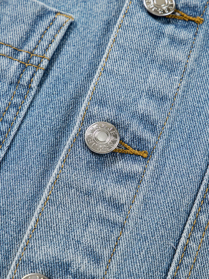 Oversized denim jacket with patch pockets and side ties