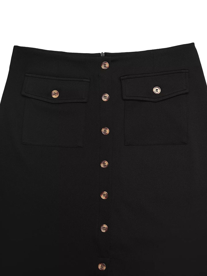 High-rise button-front midi skirt with flap pockets