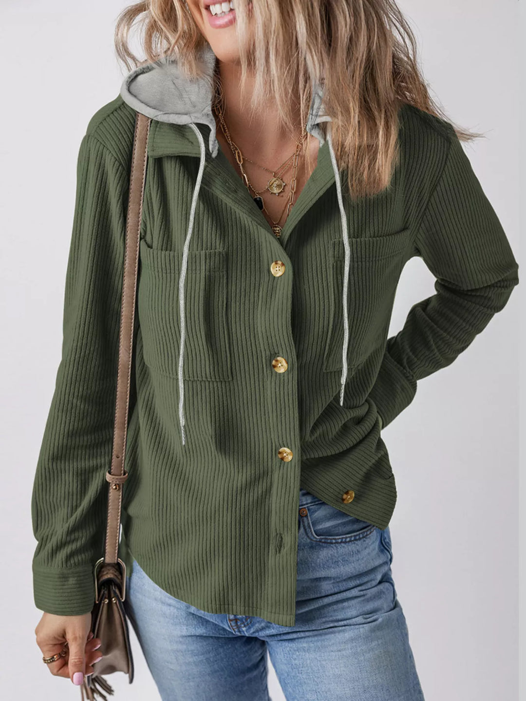 Ribbed corduroy hooded jacket with drawstring and pockets