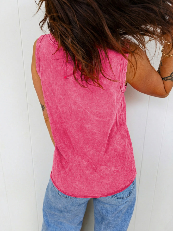 Mineral wash V-neck tank top with curved hem