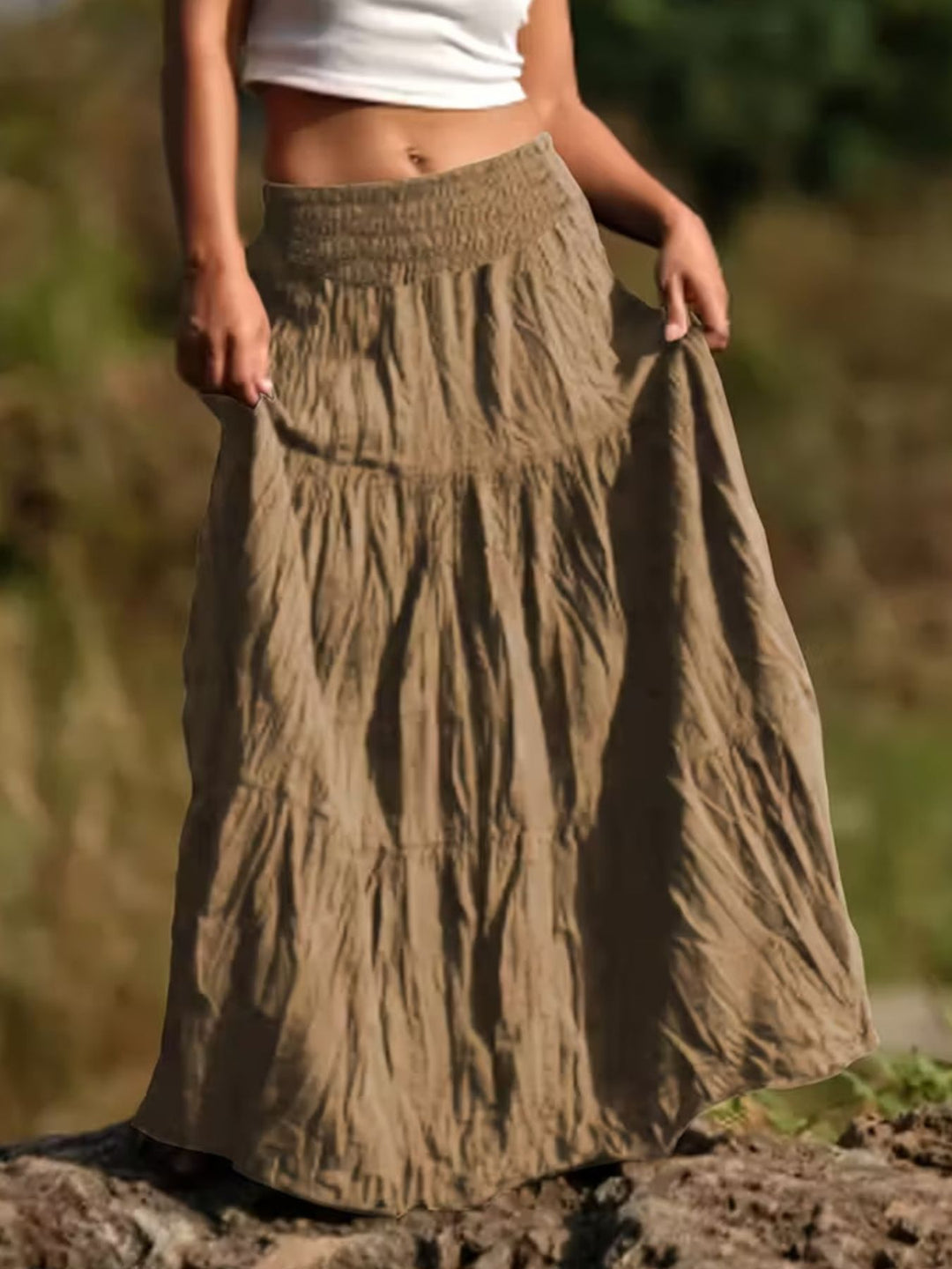 Tiered boho maxi skirt with smocked waistband