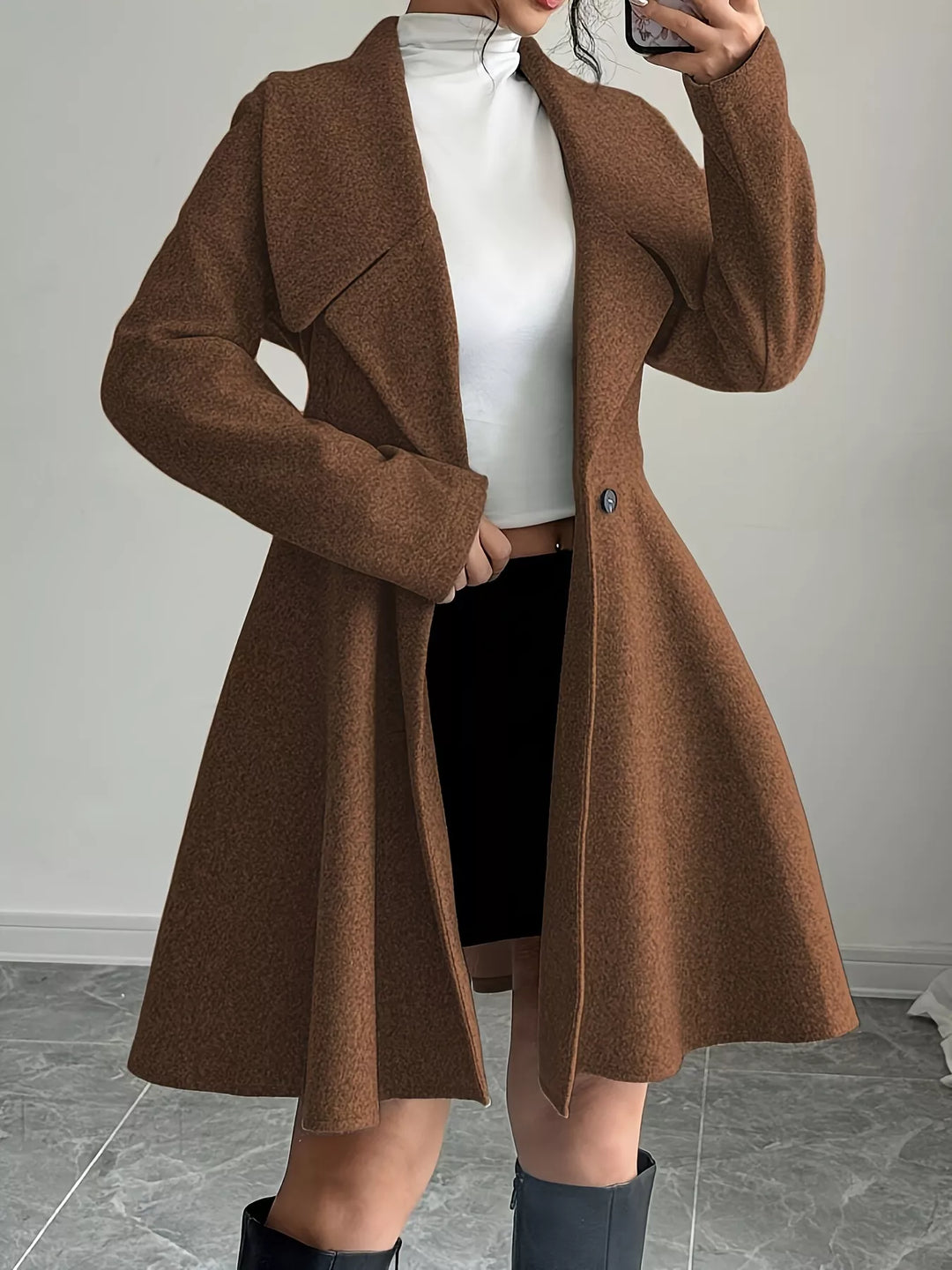 Brown Double-breasted notch lapel fit and flare coat