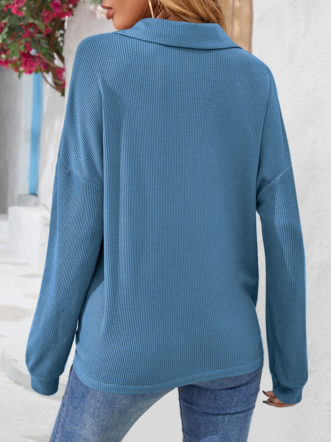 Waffle knit half-button collared long sleeve top