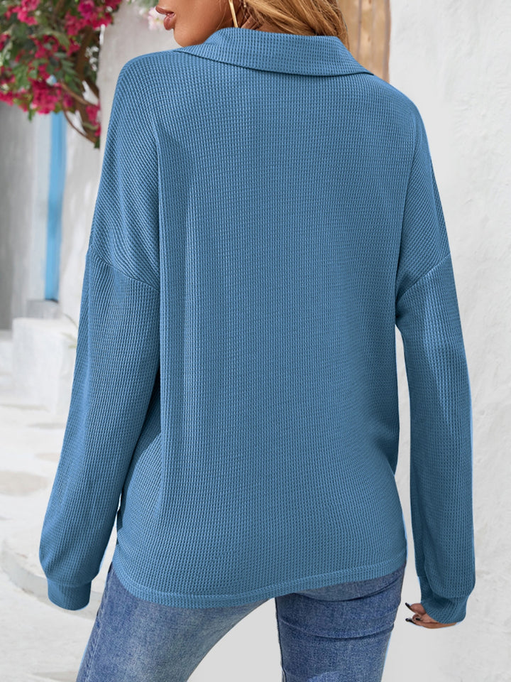 Waffle knit half-button collared long sleeve top