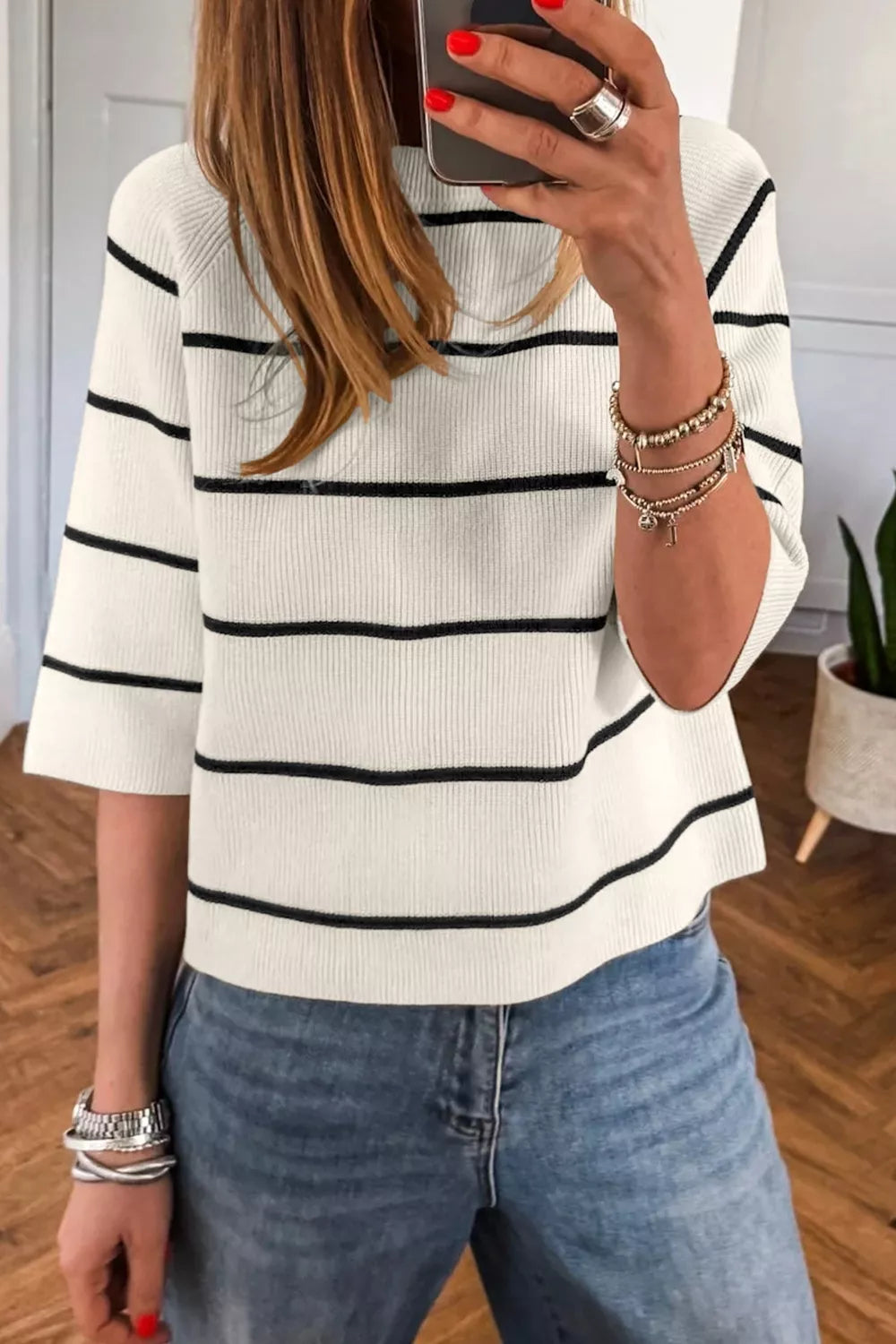 White Striped ribbed knit pullover with three-quarter sleeves