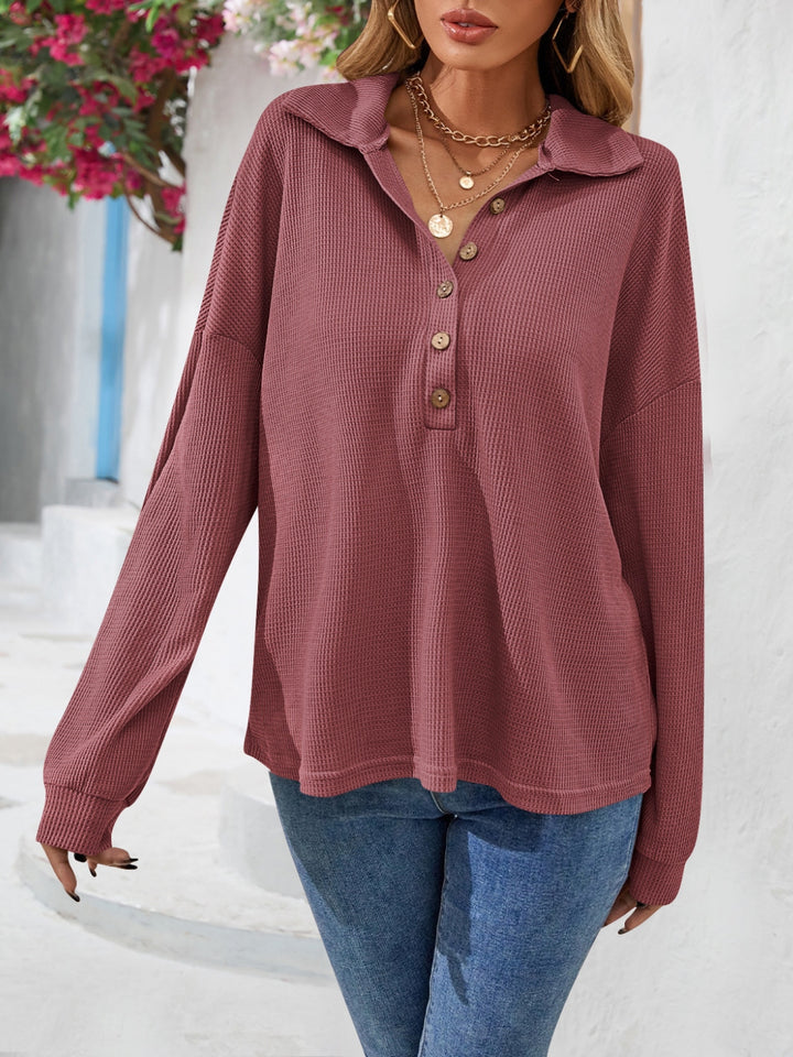 Waffle knit half-button collared long sleeve top